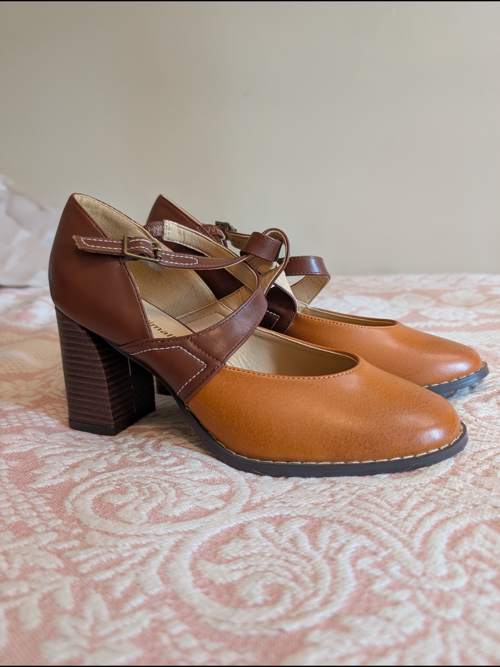 Two-Tone Tan and Brown Mary Jane Block Heel Pumps